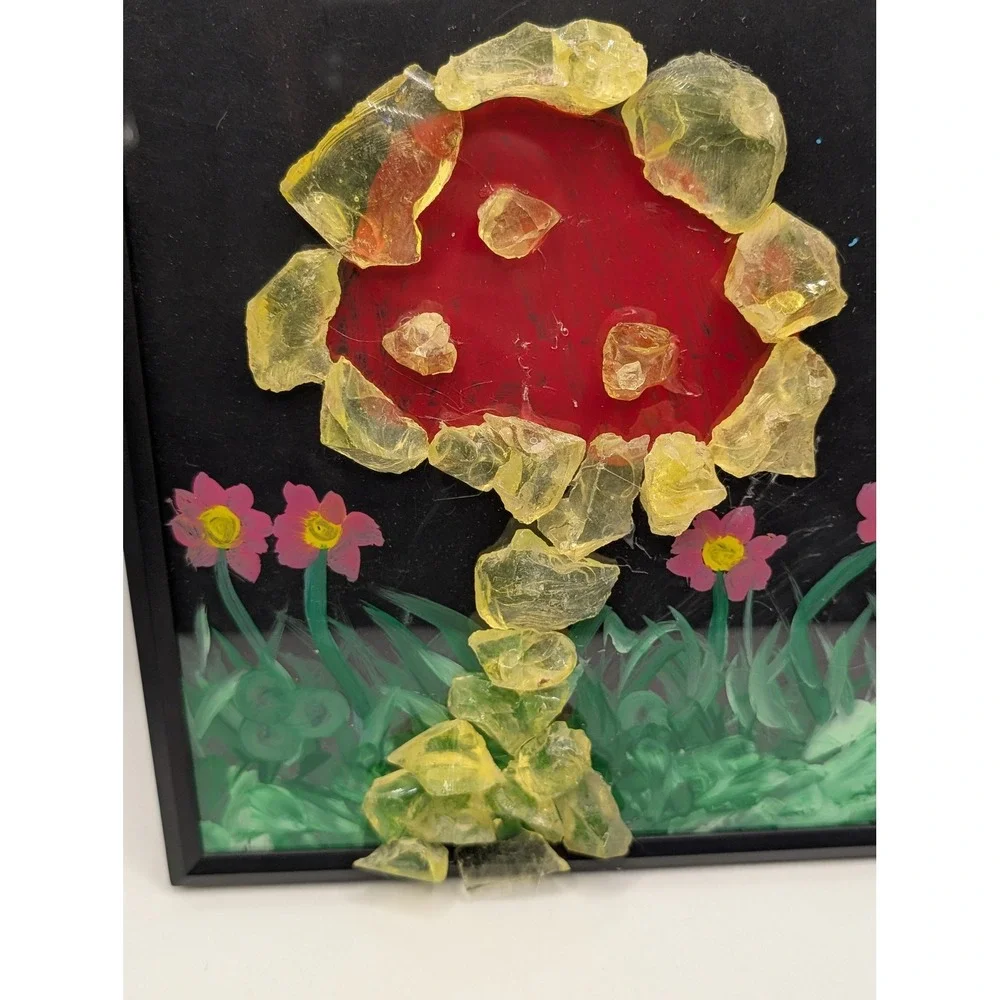 Handmade UV Glow Mushroom Slag Glass Mixed Media Framed Art‎ Blacklight Trippy